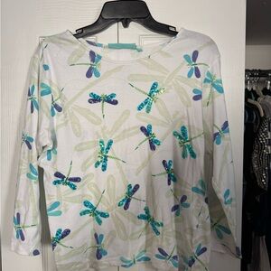 Vintage White Top with Sequin Dragonfly Design